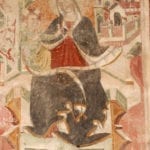 Affresco con la Madonna che presenta il modello della città di Amatrice nel lato sinistro della controfacciata (primi del XV sec.). Foto: Giovanni Lattanzi