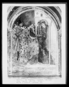Fresko mit einer Darstellung der Heimsuchung in der Kirche Sant’Agostino in Amatrice auf einer Fotografie aus dem Jahr 1965 von Konrad Helbig. Foto: Bildarchiv Foto Marburg