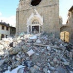 The collapse of the upper part of the façade of San Francesco, photograph taken in October 2016. The upper part of the façade was the first to collapse in the earthquake of August 24, 2016. Photo: Giovanni Lattanzi