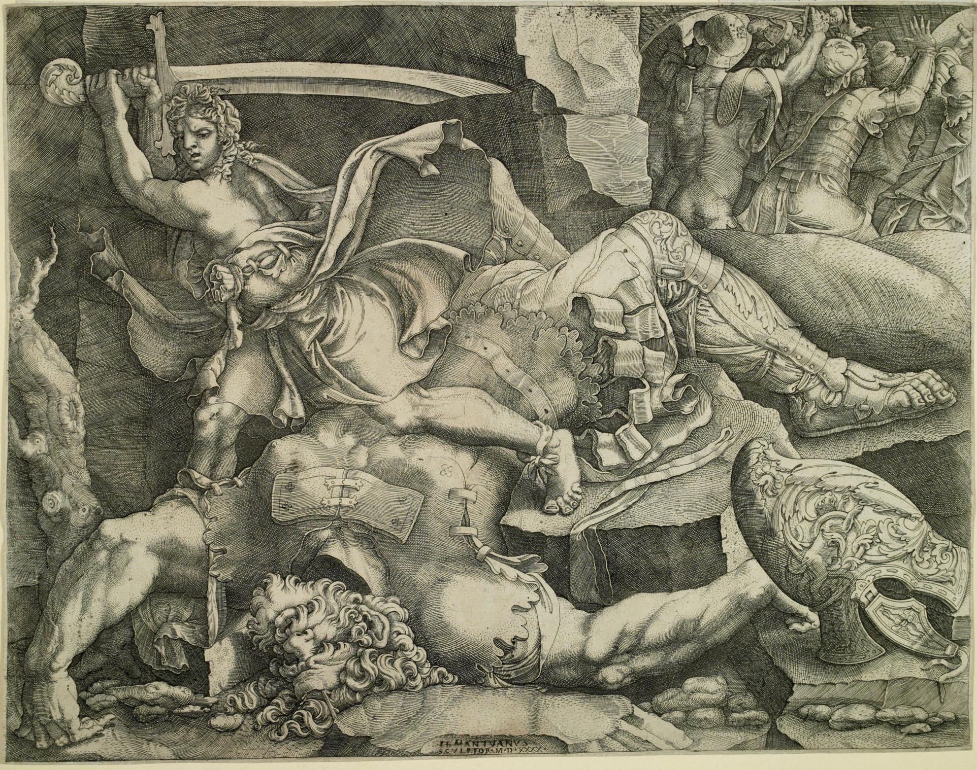 Giovanni Battista Scultori, Davide e Golia, 1540, incisione, 35,2 x 45,1 cm, Roma, Bibliotheca Hertziana