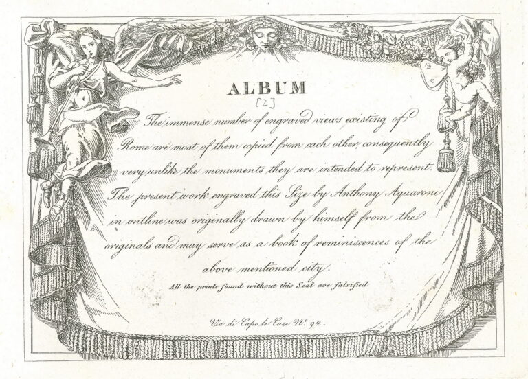 Anthony Aquaroni, Preface, from: Album of Rome, ca. 1840, engraving. Bibliotheca Hertziana, Inv. Dg 540-320